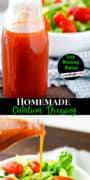 2 image pinterest collage with bottle of homemade catalina dressing a a bowl of lettuce and tomatoes.