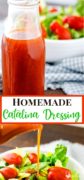 2 image pinterest collage with bottle of homemade catalina dressing a a bowl of lettuce and tomatoes.