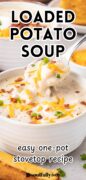 Stovetop Creamy Potato Soup with cheese and bacon recipe Pinterest image