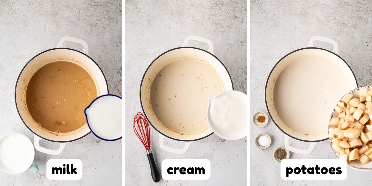 Milk, cream, and potatoes added to pot.