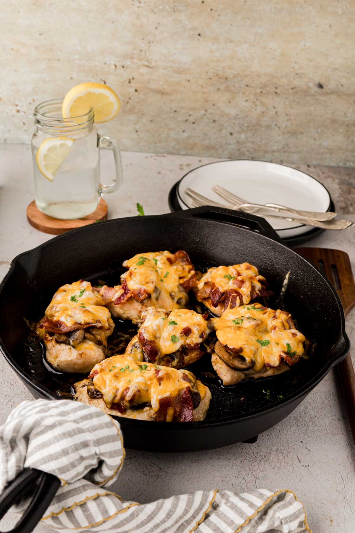 Copycat Alice Springs Chicken in a cast iron skillet.