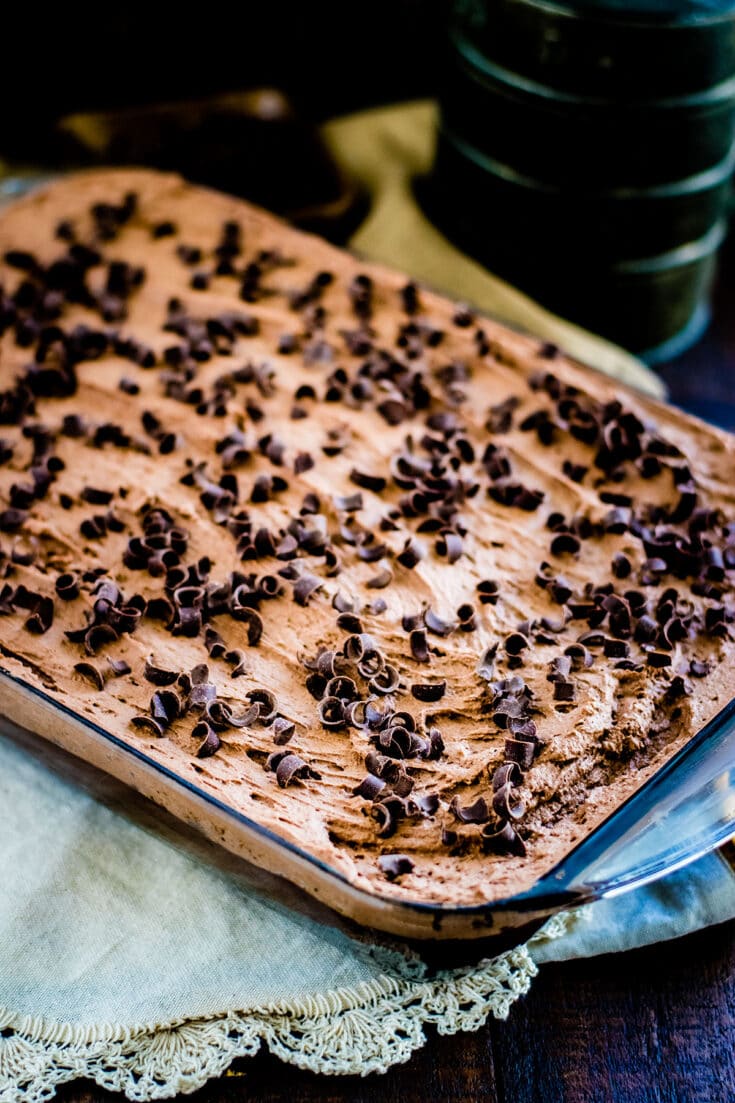 Triple chocolate mousse cake in a 9 x 13 dish