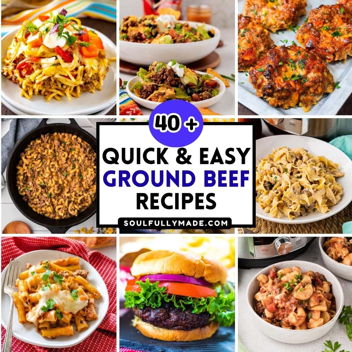 An image collage of ground beef dinner recipe ideas.