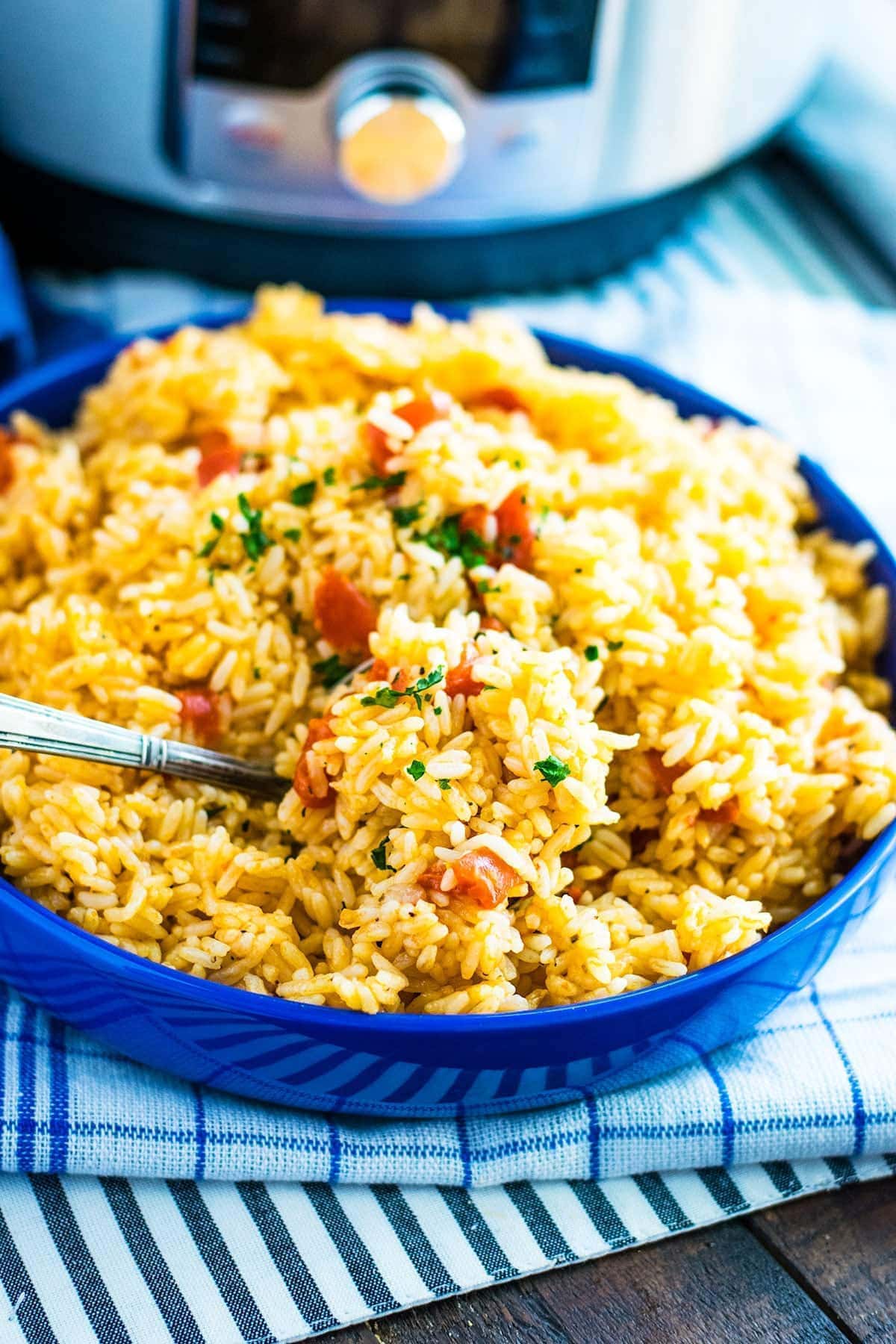 A blue bowl filled with southern tomatoes and rice.