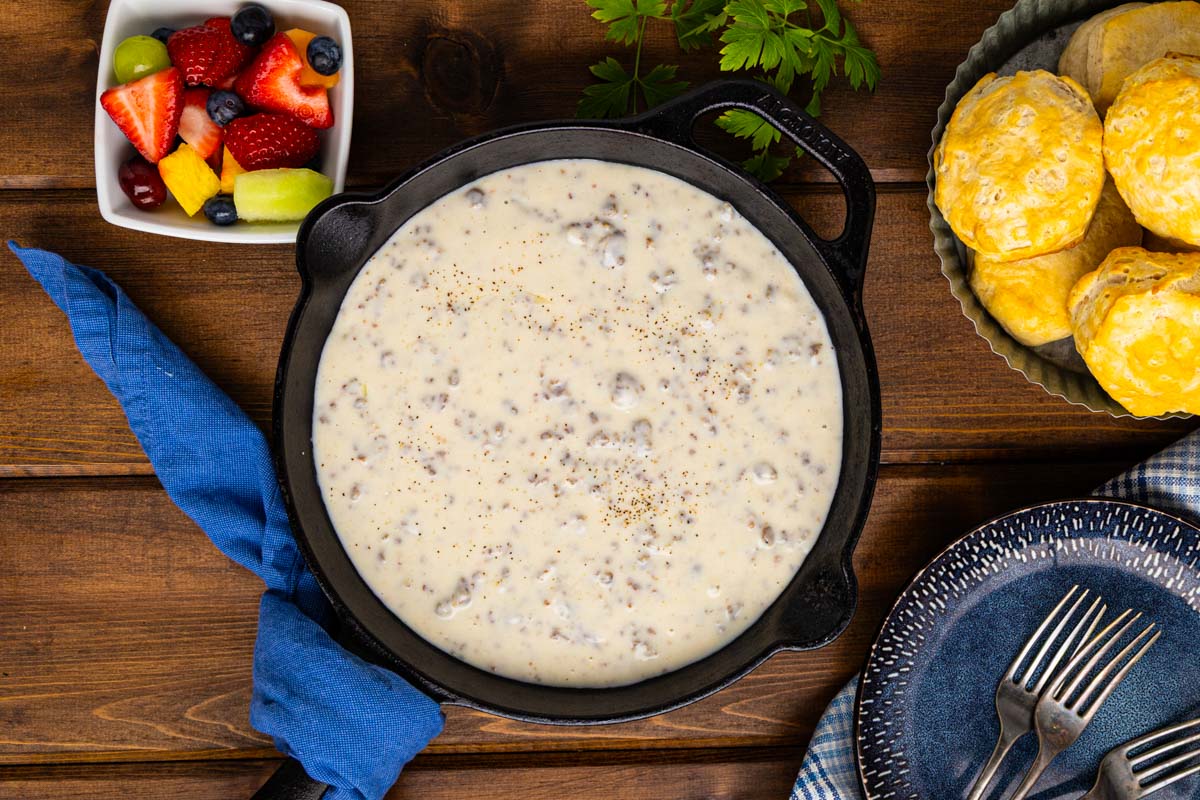 Sausage gravy in a cast iron skillet.