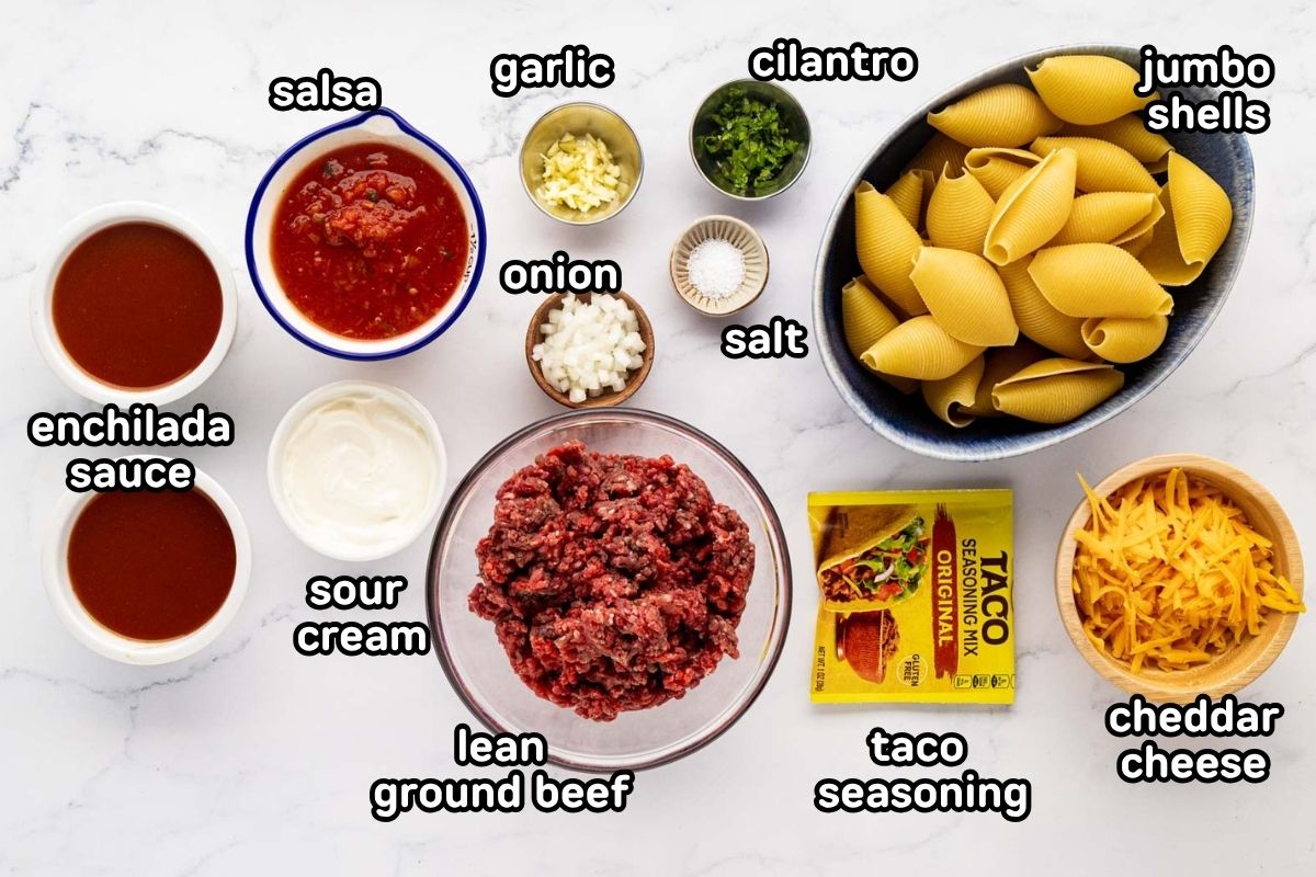 Labeled image of ingredients needed to make Mexican stuffed shells.
