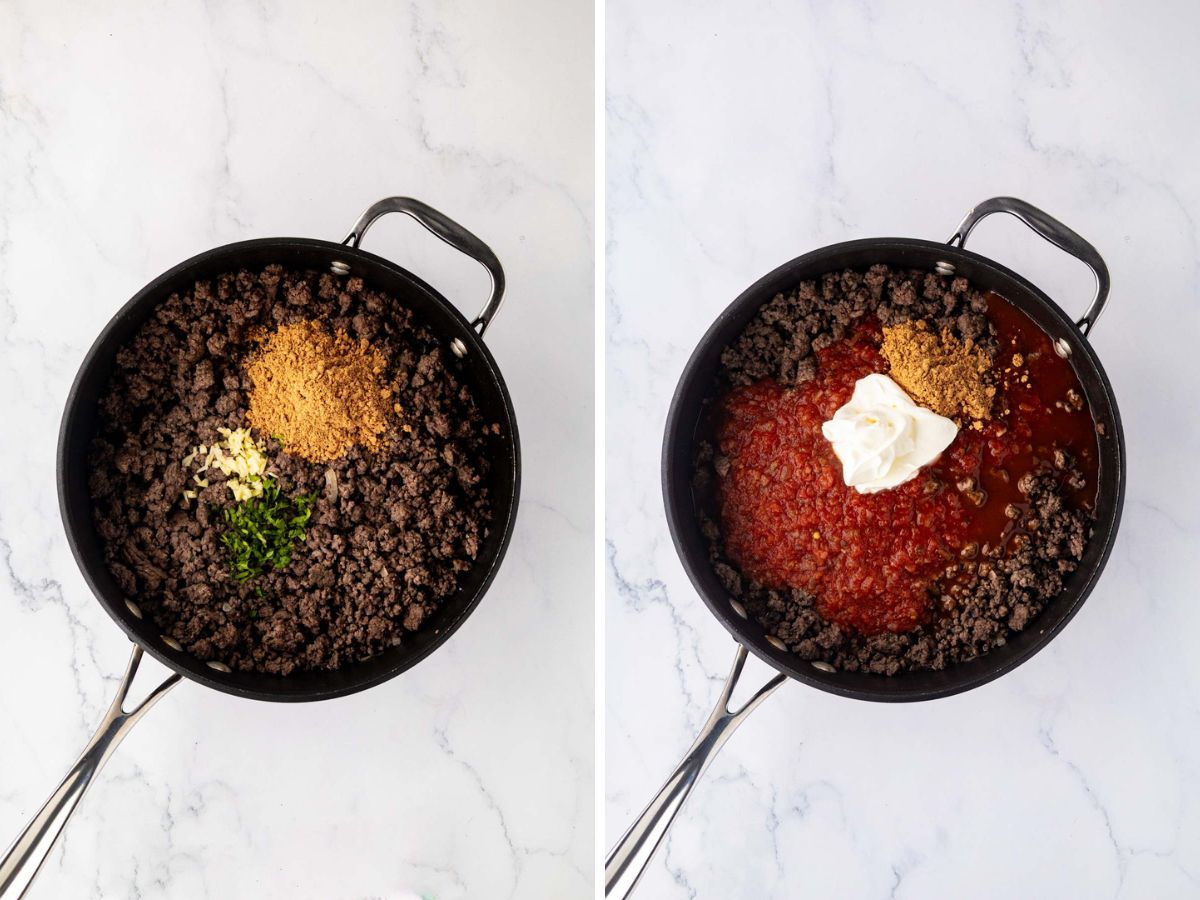 Spices and sauces added the the cooked ground beef.