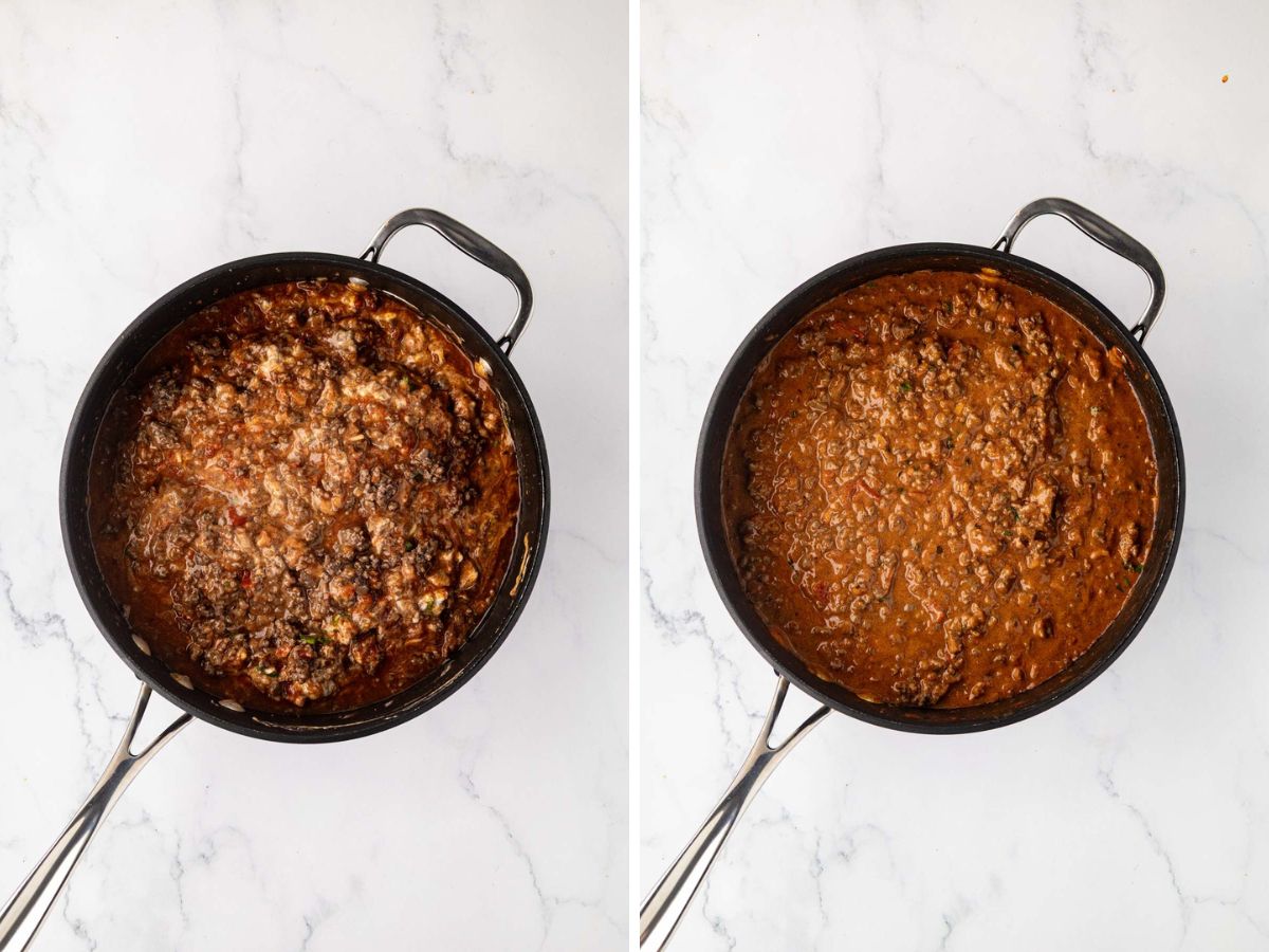Ground beef mixture stirred to combine into a sauce.