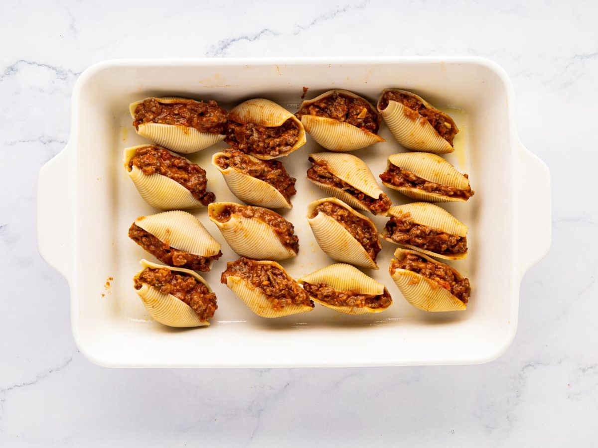 Jumbo Shells stuffed with taco meat mixture.