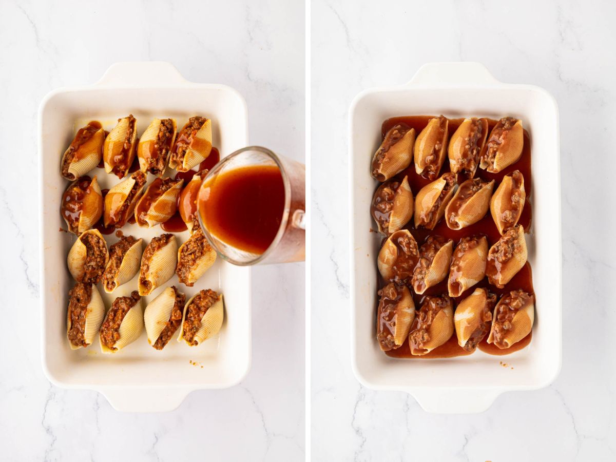 Enchilada sauce poured over the shells.