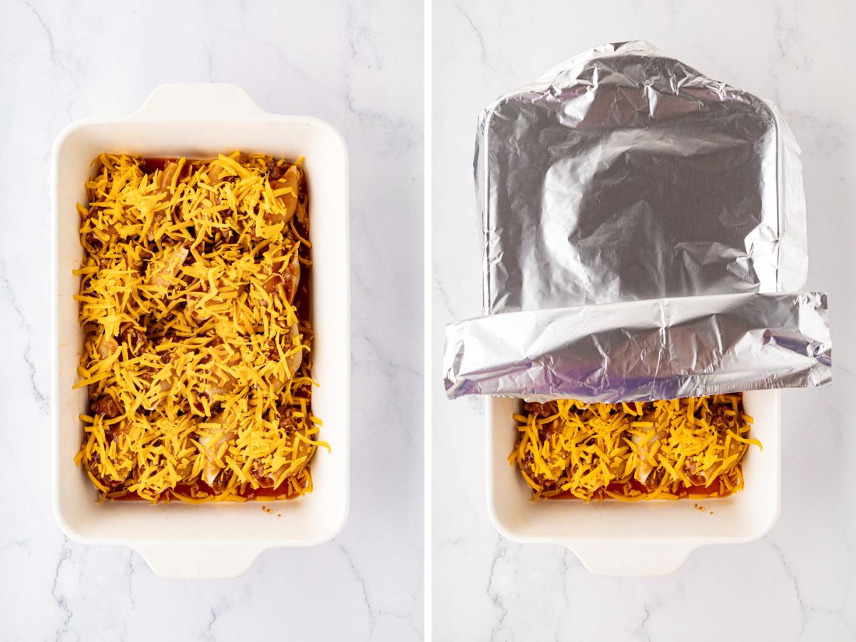 Cheese added to the top and then the dish covered with foil.