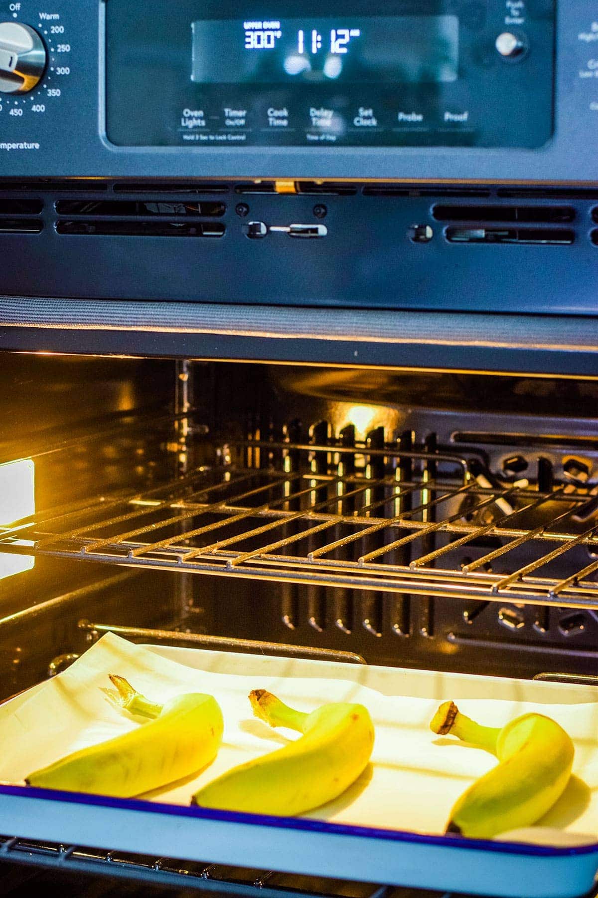 Bananas on baking sheet in oven