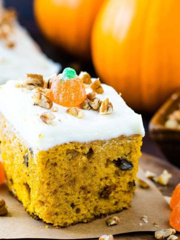 A close-up of a piece of pumpkin spice cake.