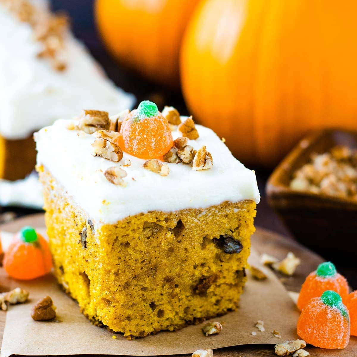 A close-up of a piece of pumpkin spice cake.