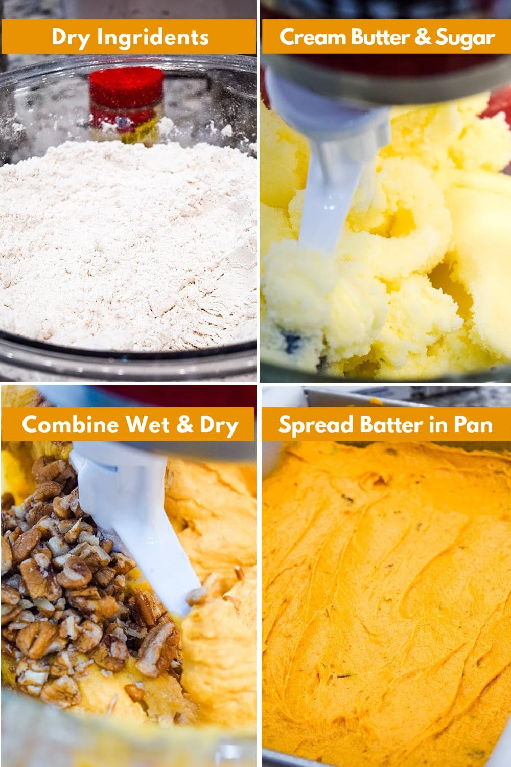 Instruction images for making pumpkin spice cake batter.