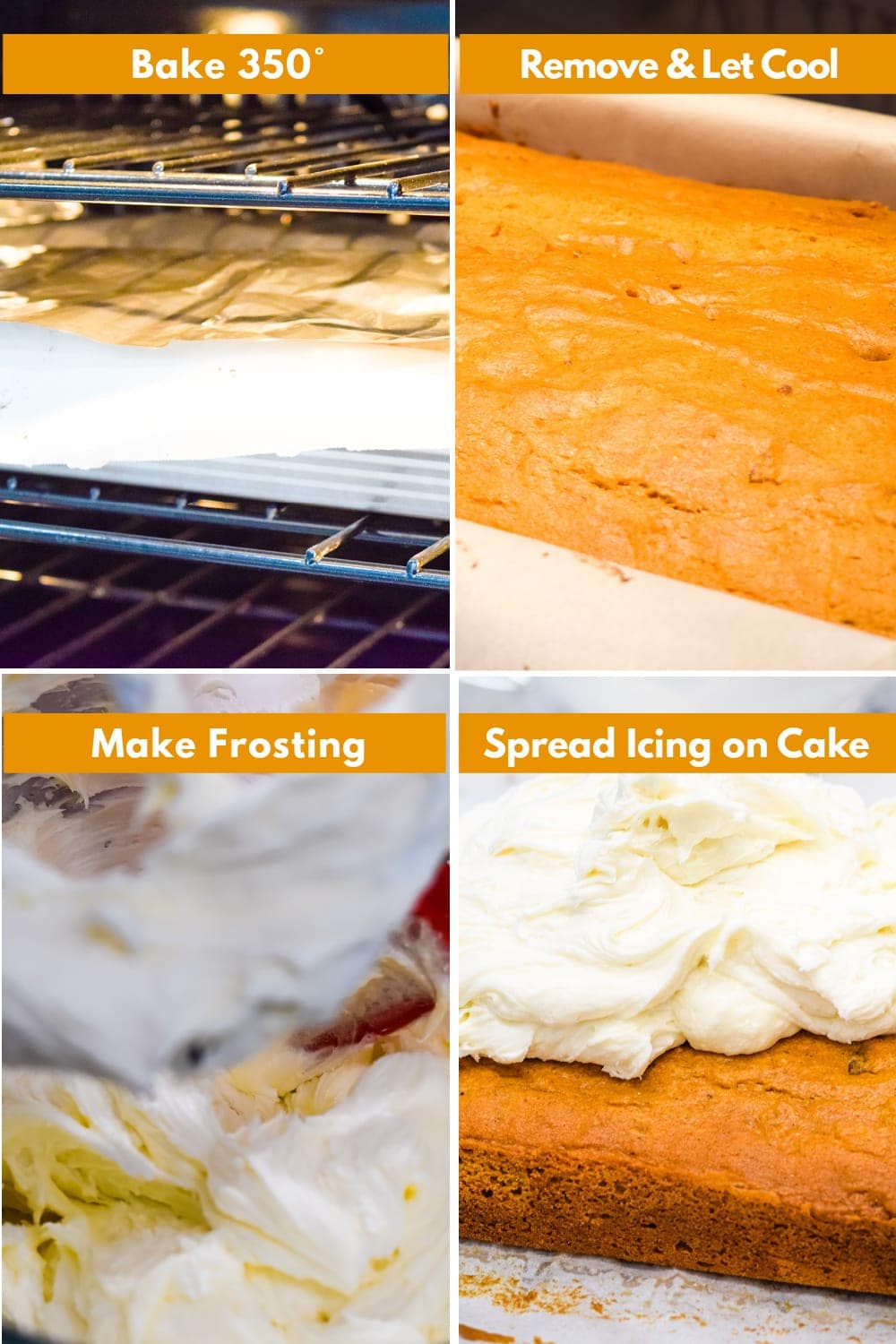 Instruction images for baking and frosting cake.