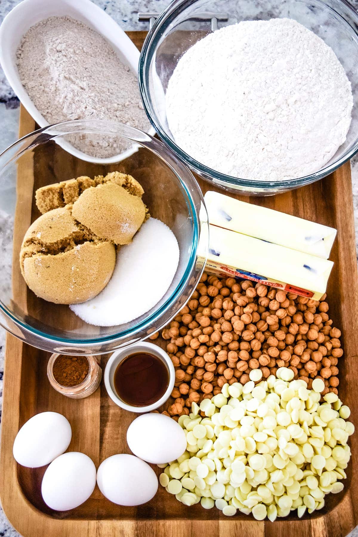 the ingredients needed to make these white chocolate caramel pumpkin spice cookies