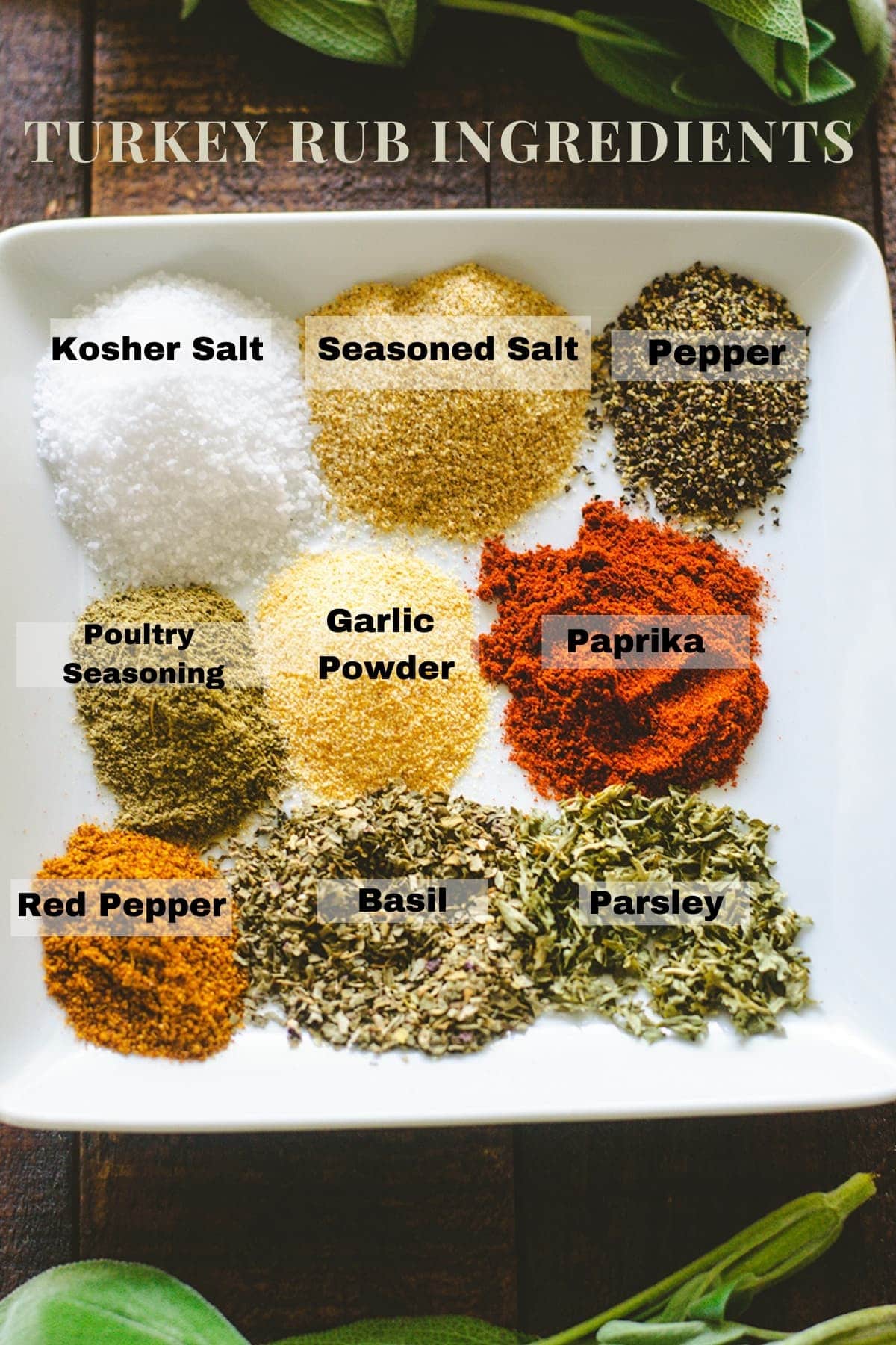 Turkey rub spices labeled by spice name on a white plate.