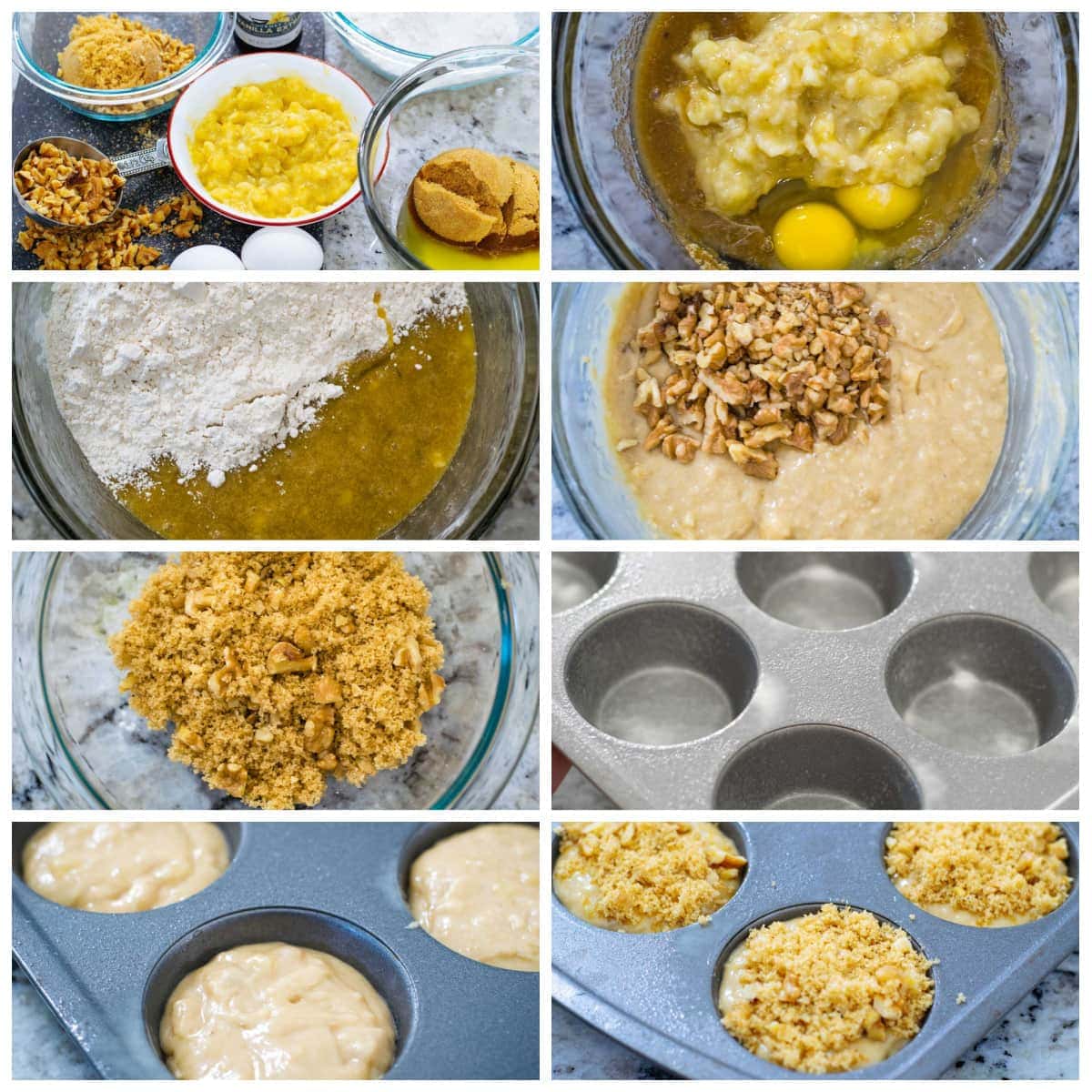 Banana Nut Muffin Ingredient and Instruction Picture Collage