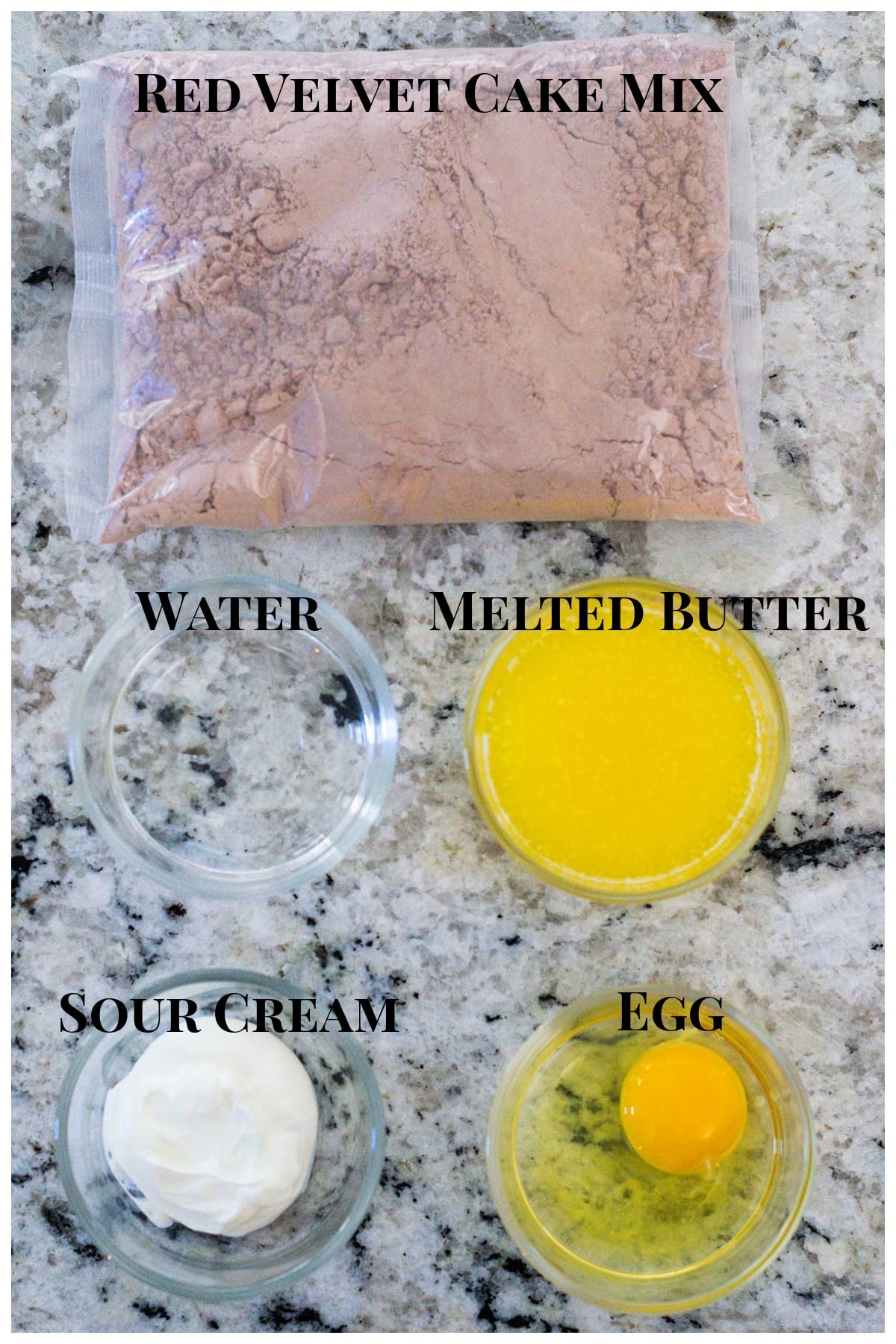 Image of ingredients to make red velvet brownie cups.