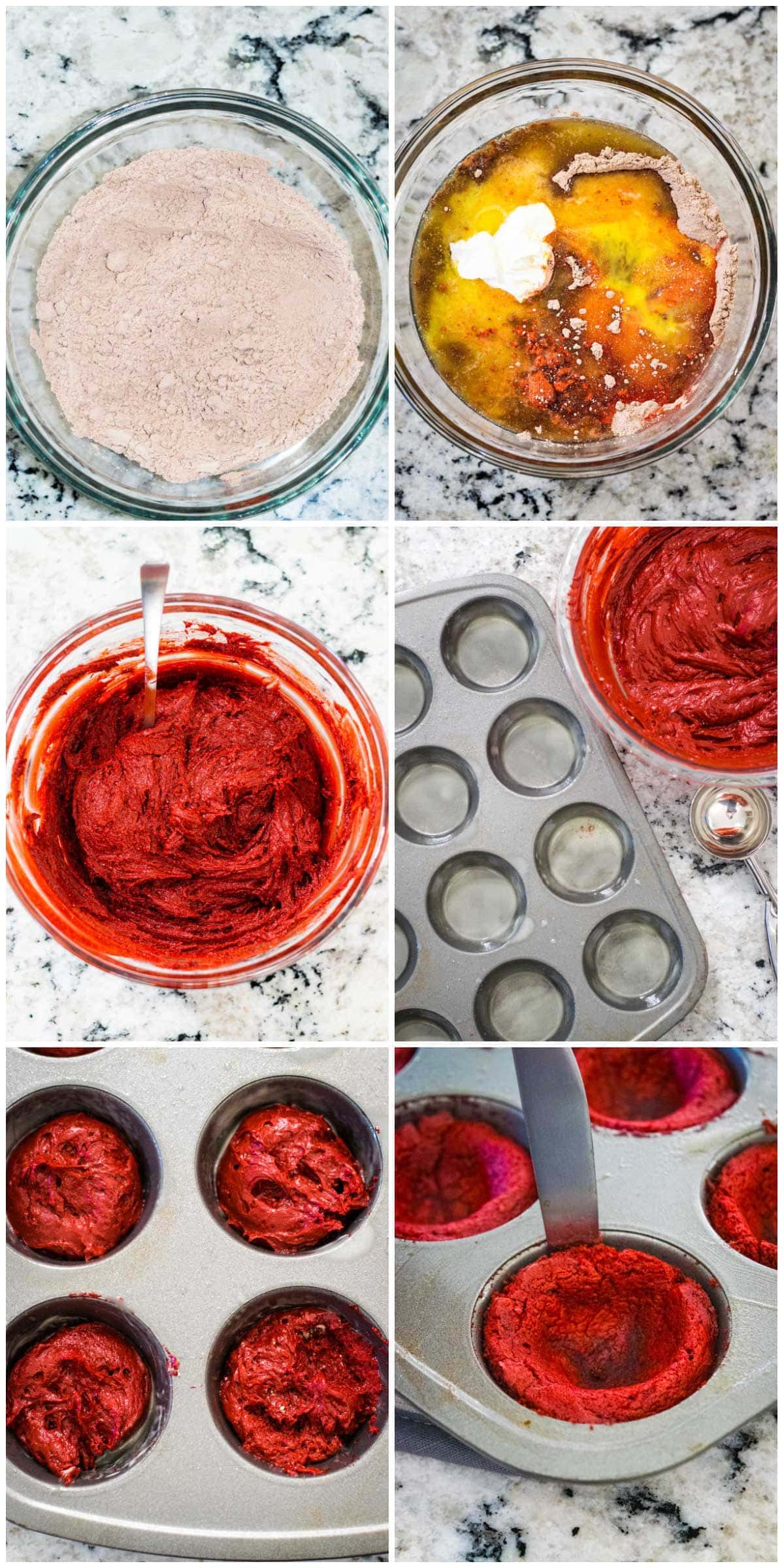 Collage image of steps to make red velvet brownie cups.