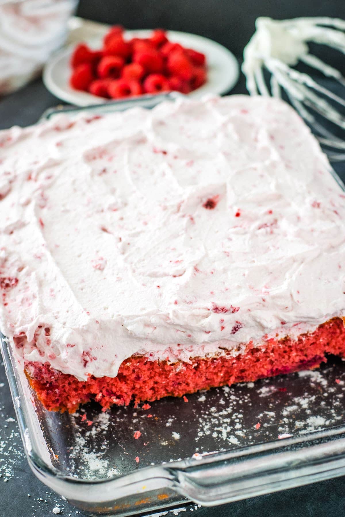 Easy raspberry fluff cake in a clear 9 x 13 pyrex dish.