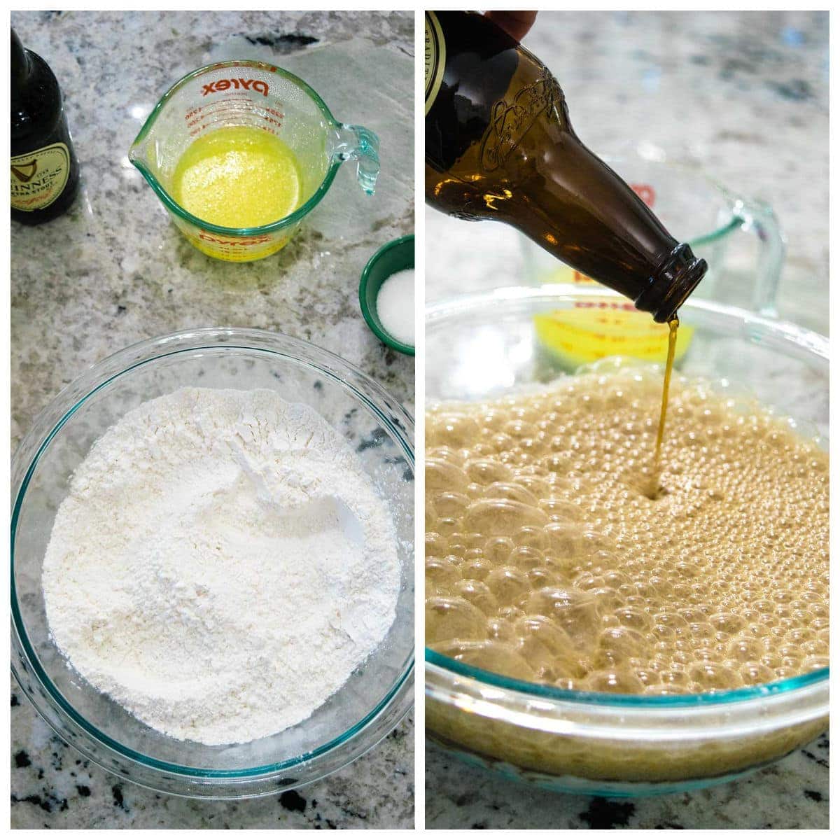 Collage image of steps to make beer bread batter.