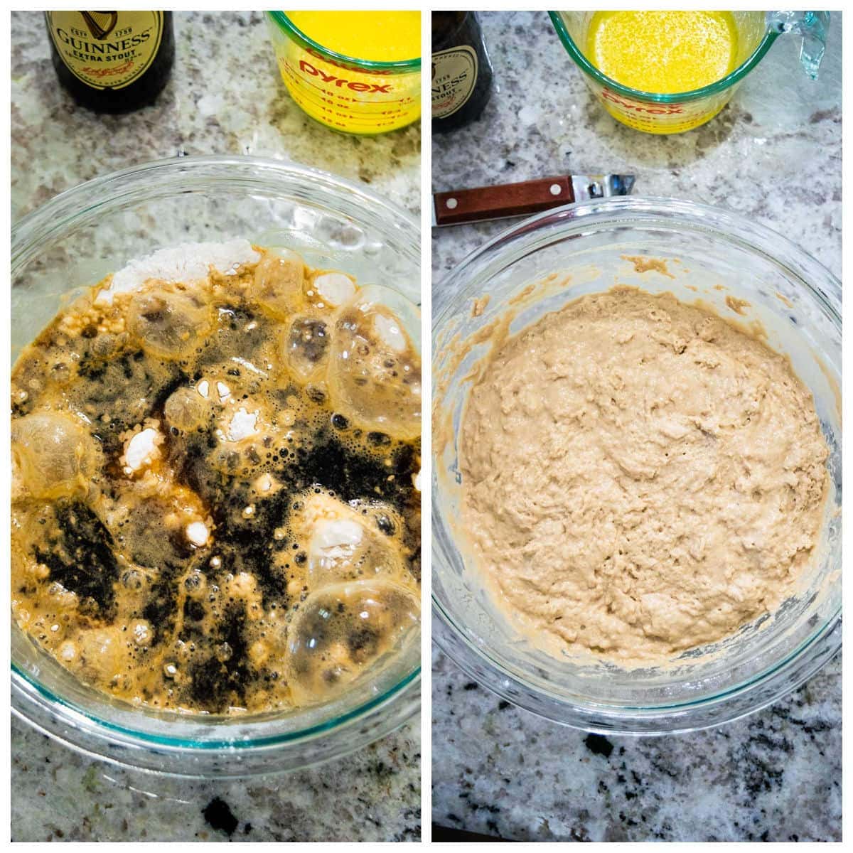 Collage image of batter mixed with beer.