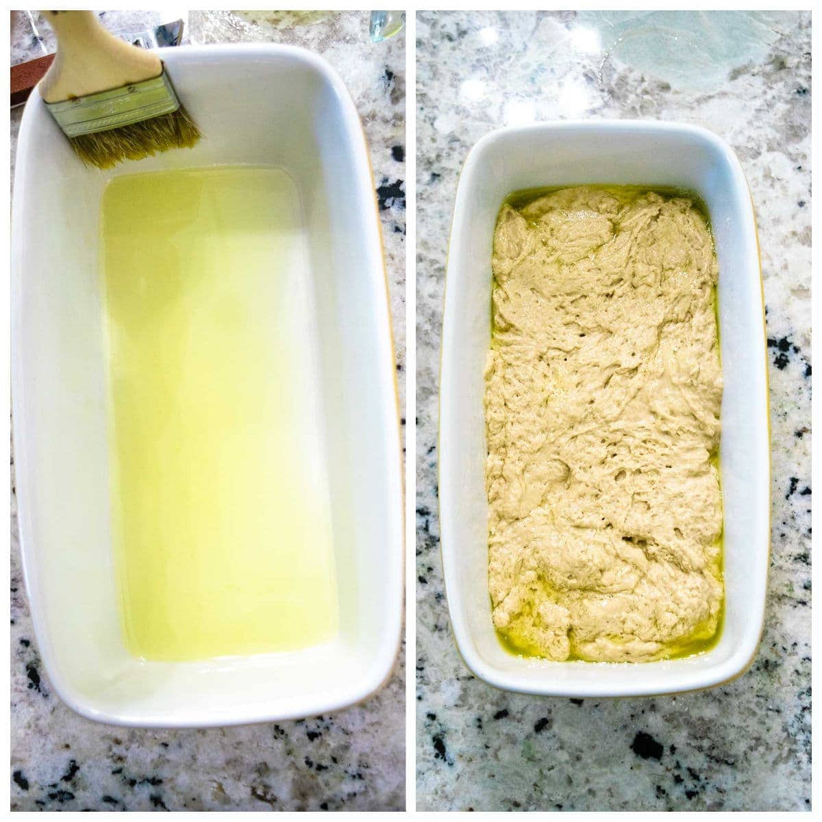 Collage image of buttering a bread baking dish and batter in dish.