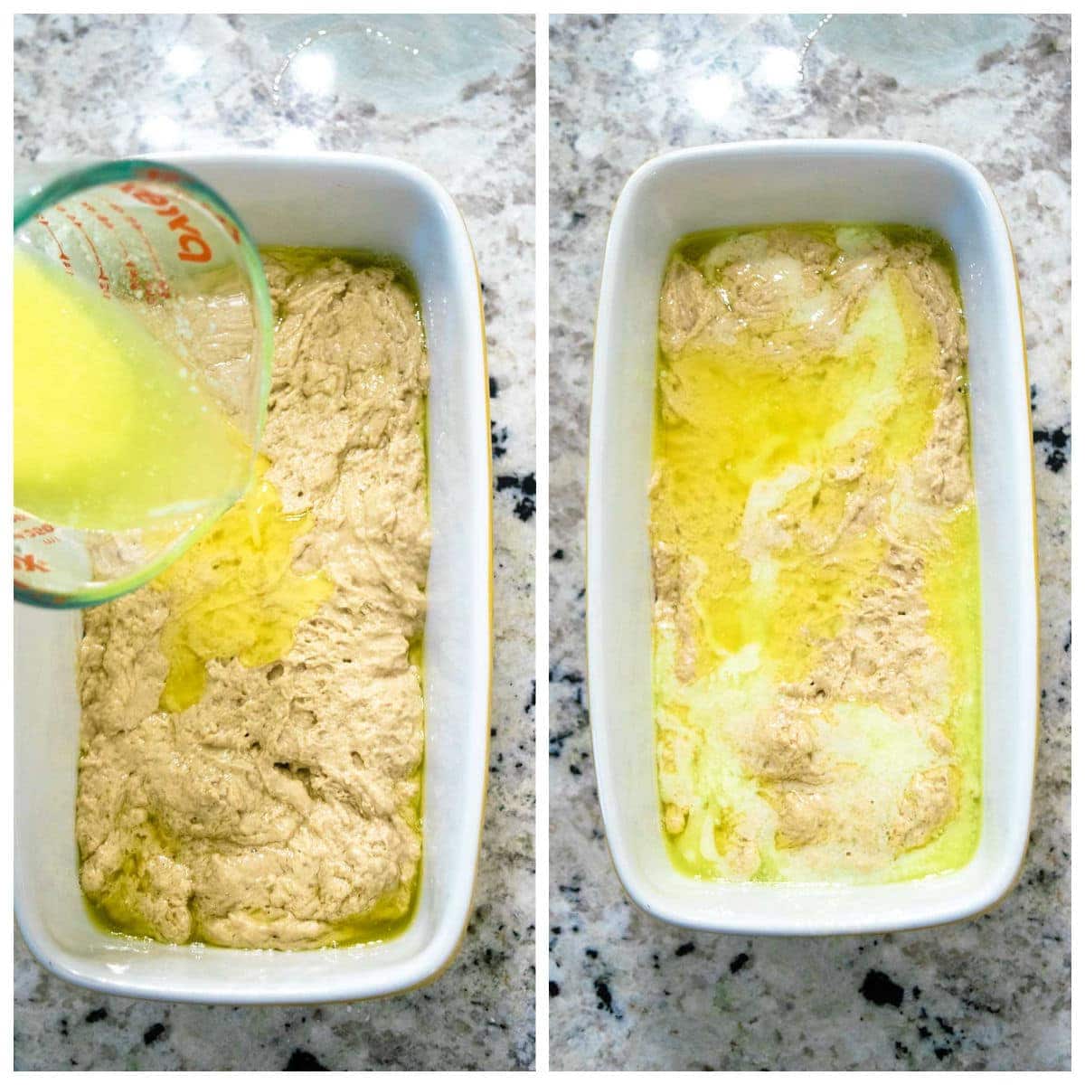 Collage image of batter in a baking dish and butter being poured on top for baking prep.