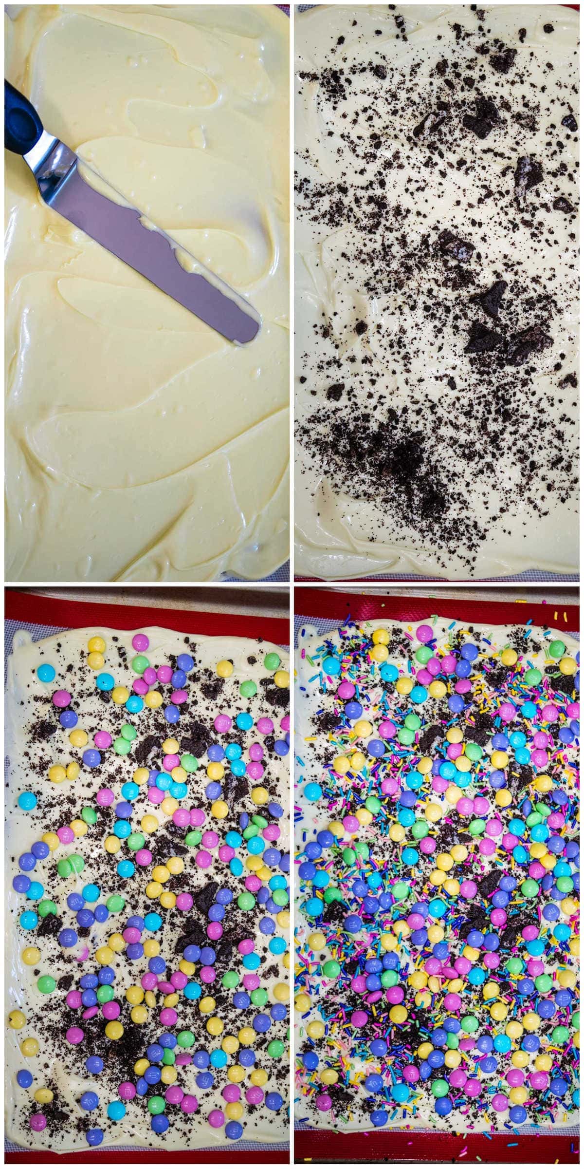 Collage image of steps to make oreo bark.