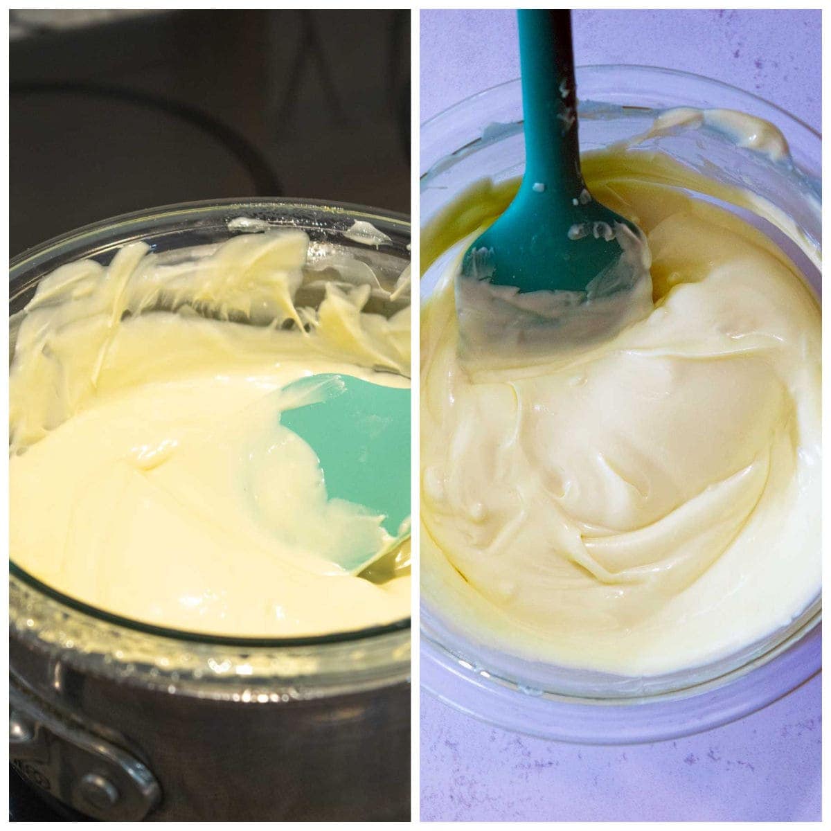 Melting chocolate step. Photo showing double boiler and microwave method.