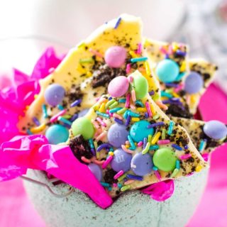 A close-up of Oreo Bark with sprinkles and candies on top.