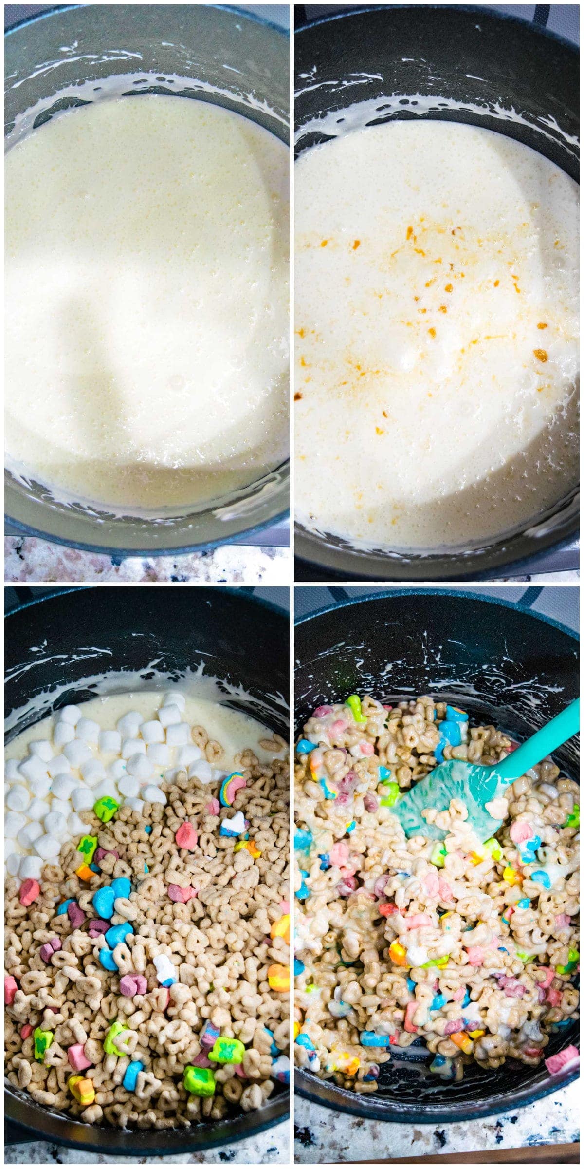 Collage of images of the steps to make cereal treats. Melting of marshmallows. Adding in vanilla and then stirring in marshmallows and Lucky Charms cereal.