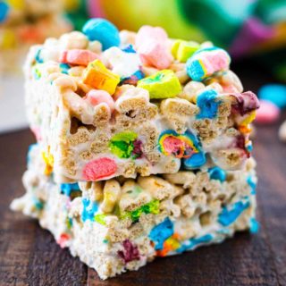 two squares of these lucky charms Rice Krispie treats