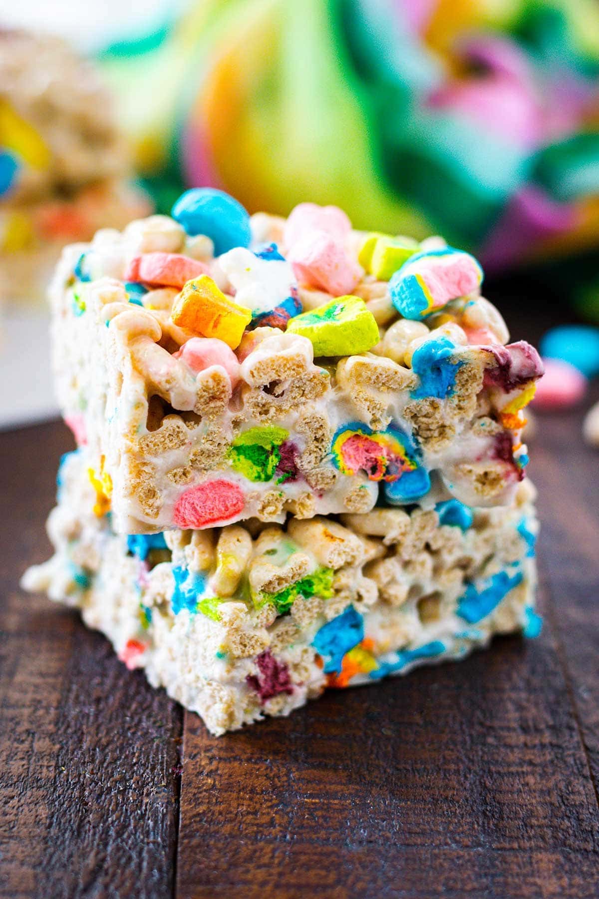 two squares of these lucky charms Rice Krispie treats