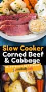 Pinterest collage Pin for slow cooker corned beef and cabbage.