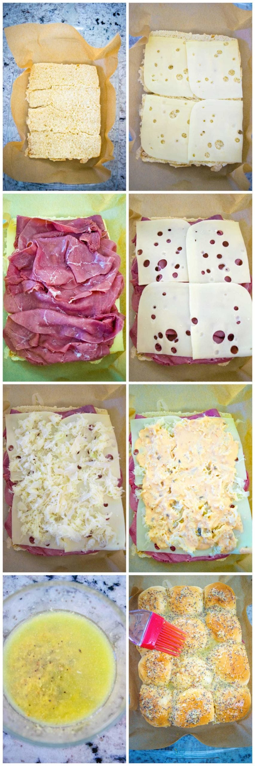 Step by step instruction image for baked reuben sandwich sliders.