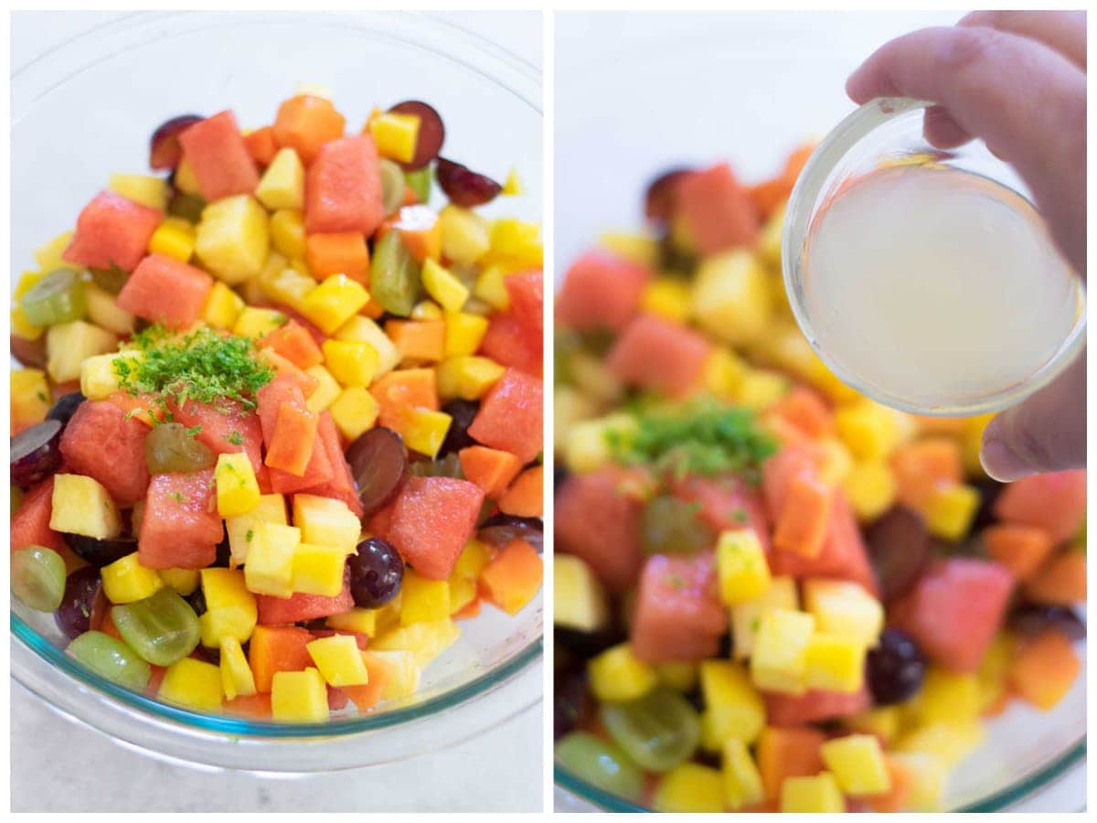 Image on the left is a bowl with chunks of fruits and the right image is lime juice being poured over the fruit.