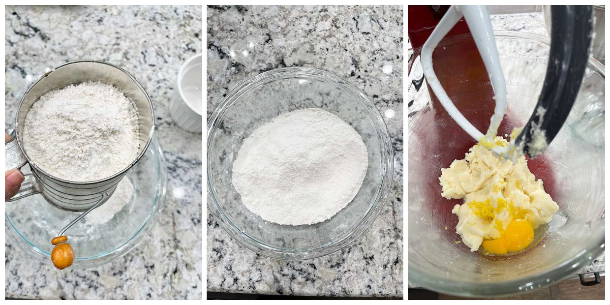 Image collage of sifting flour and creaming butter and sugar.