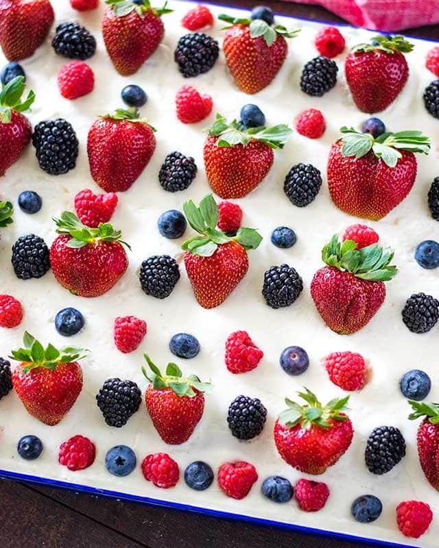 A close-up of a decorated cake with berries on top.
