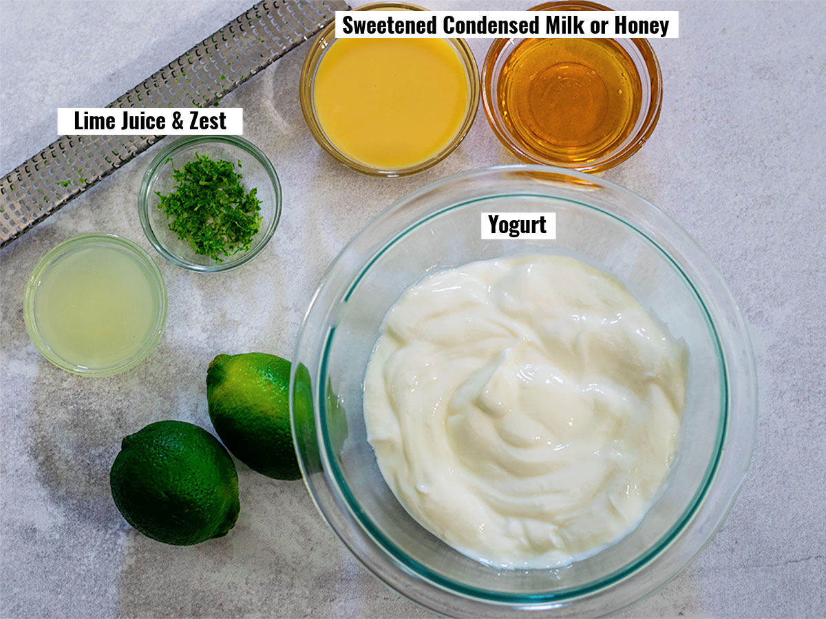 Labeled picture of  ingredients of lime yogurt dip which includes lime juice & zest, sweetened condensed milk or honey, and yogurt.