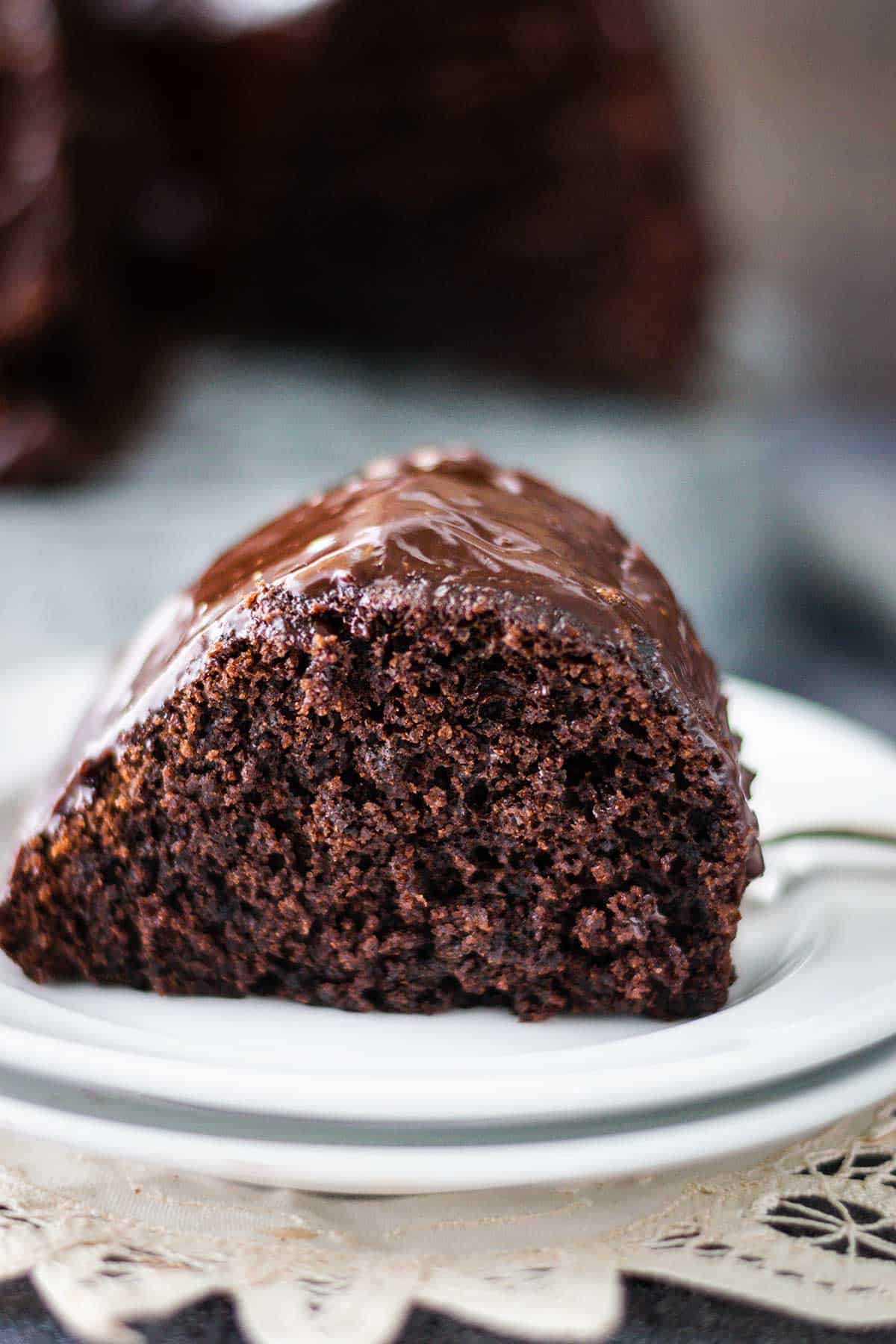 Upclose image of a chocolate brownie cake slice.