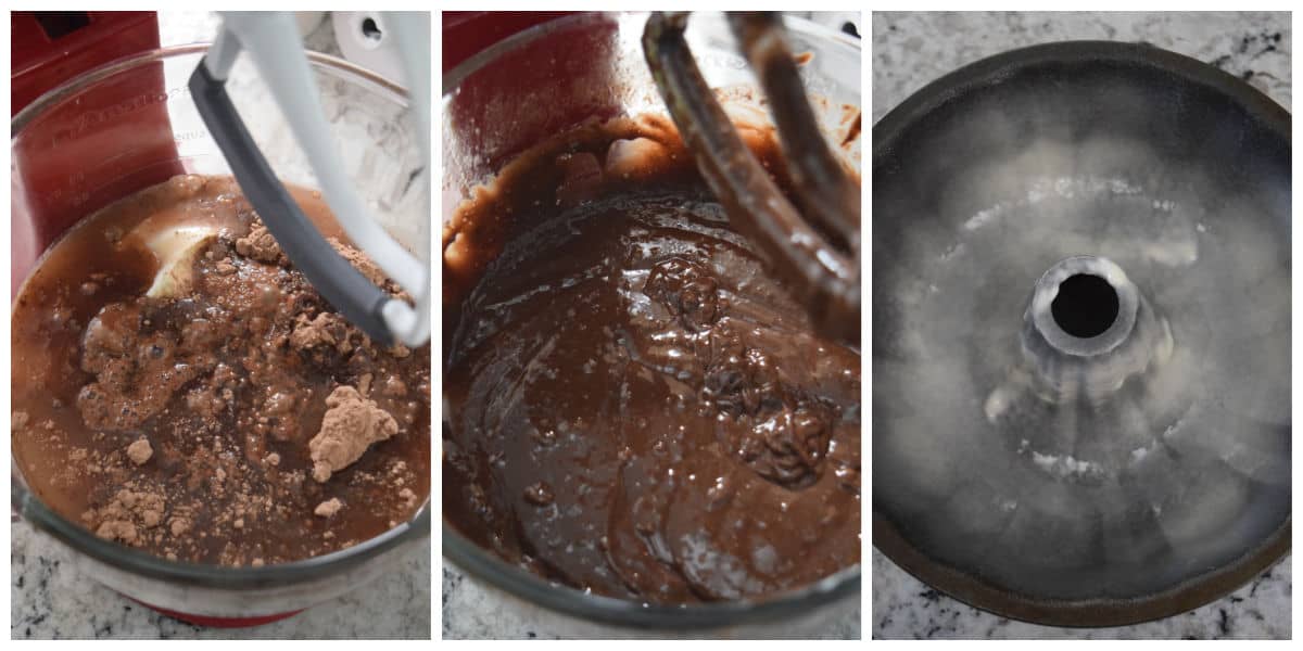 Image collage of mixing cake batter and sprayed bundt pan.