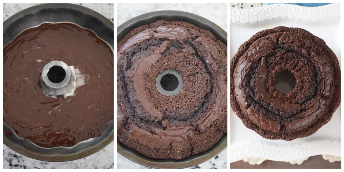 Image collage of cake batter in pan and cake cooked.