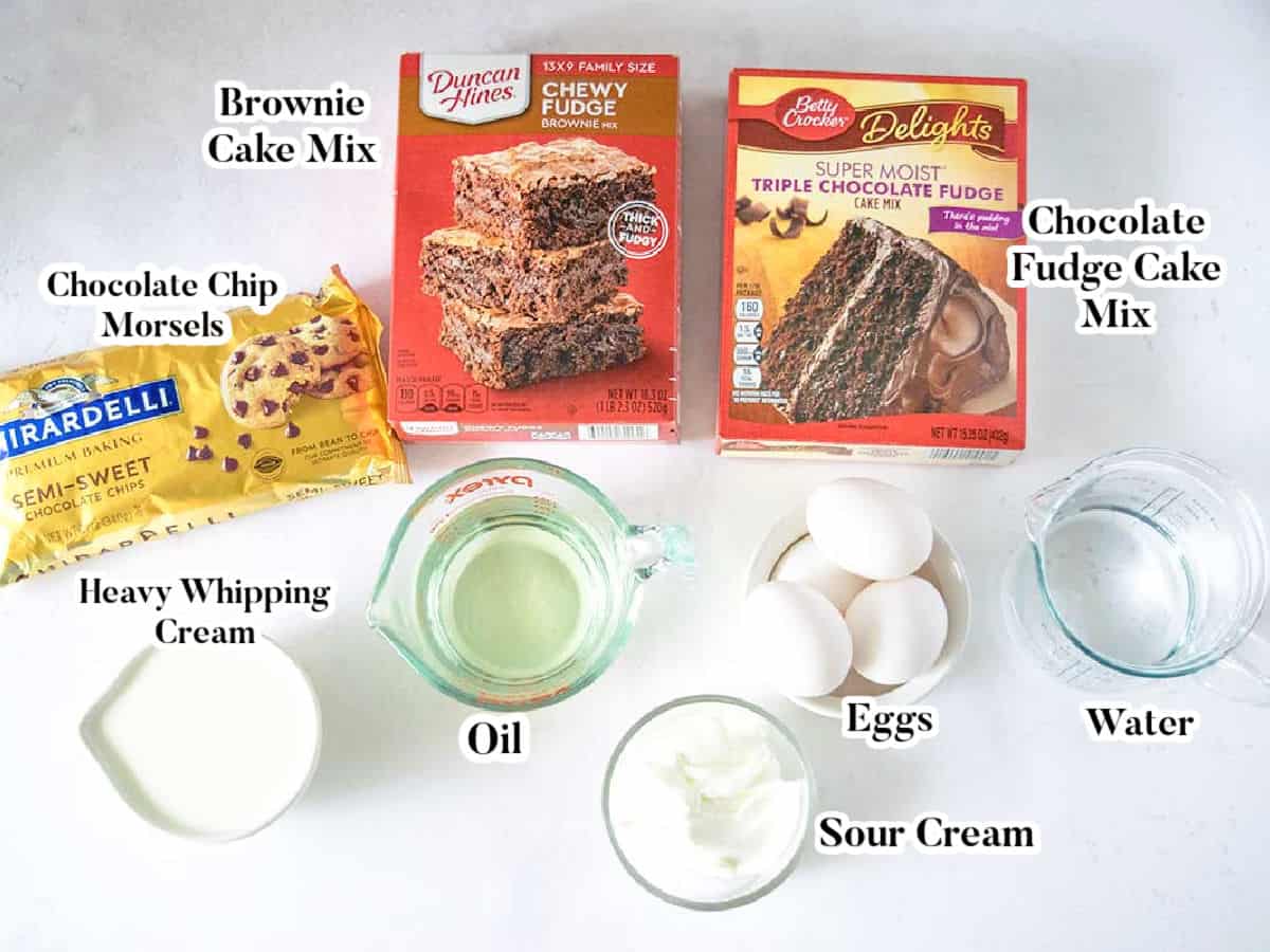 Labeled image of chocolate brownie cake ingredients.