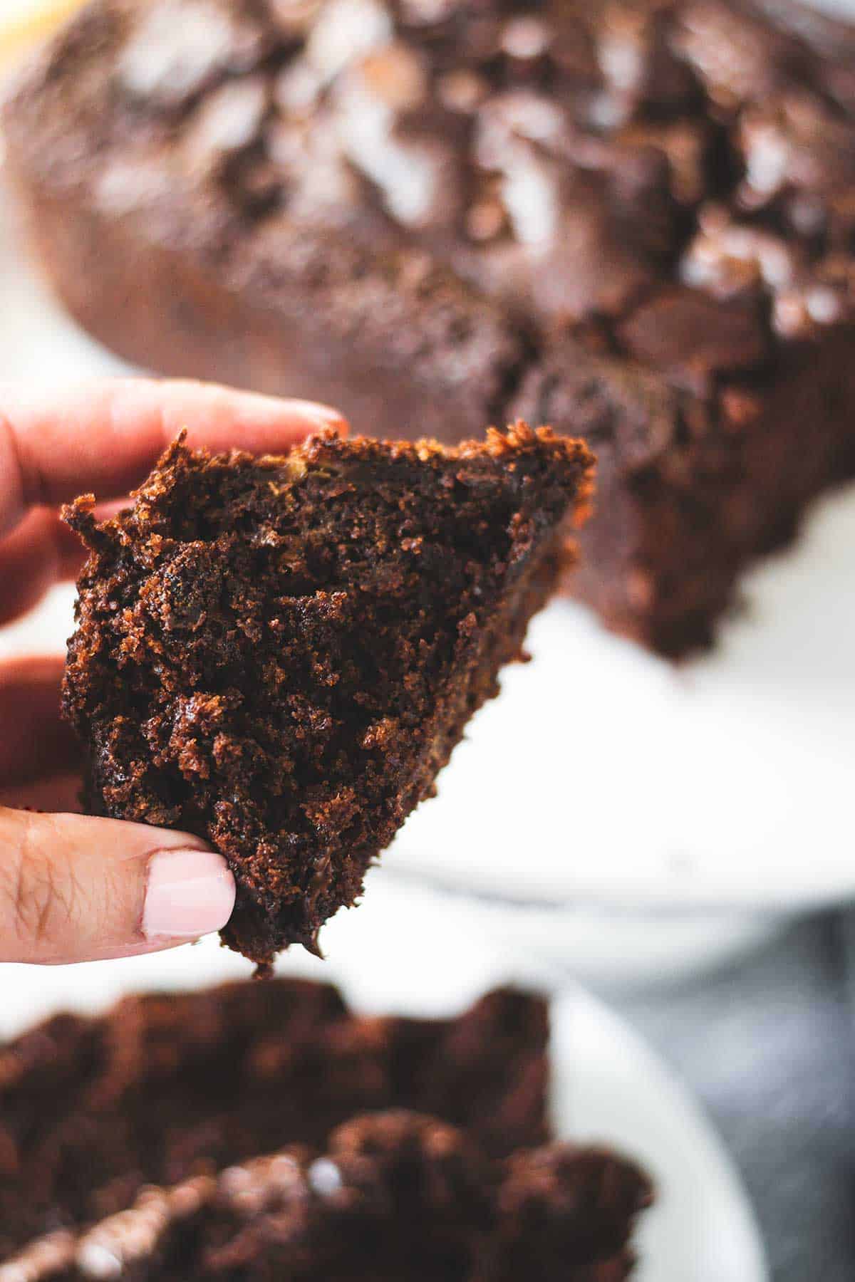 Upclose piece of chocolate bread.