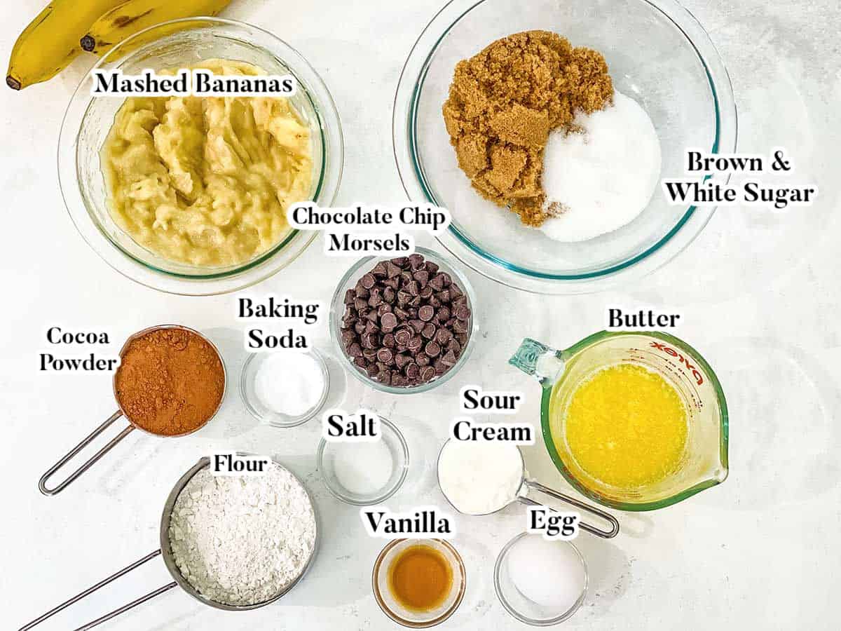 Image of labeled ingredients for chocolate banana bread.