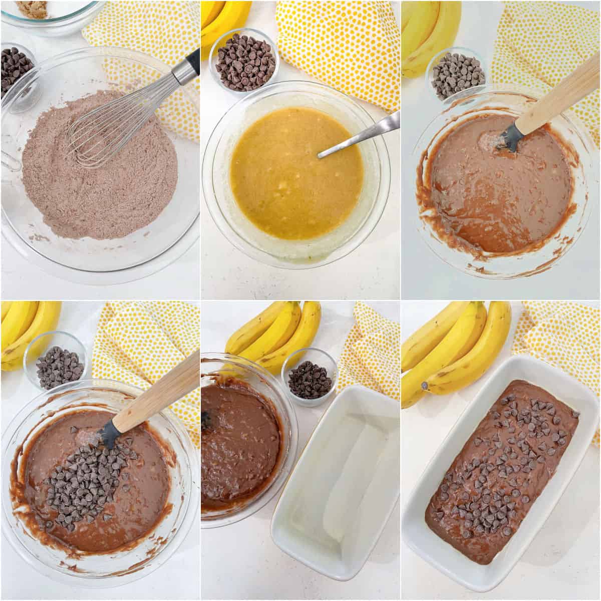Step by step images of making double chocolate banana bread.