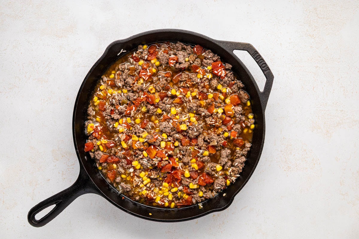 Ingredients stirred together in the skillet.